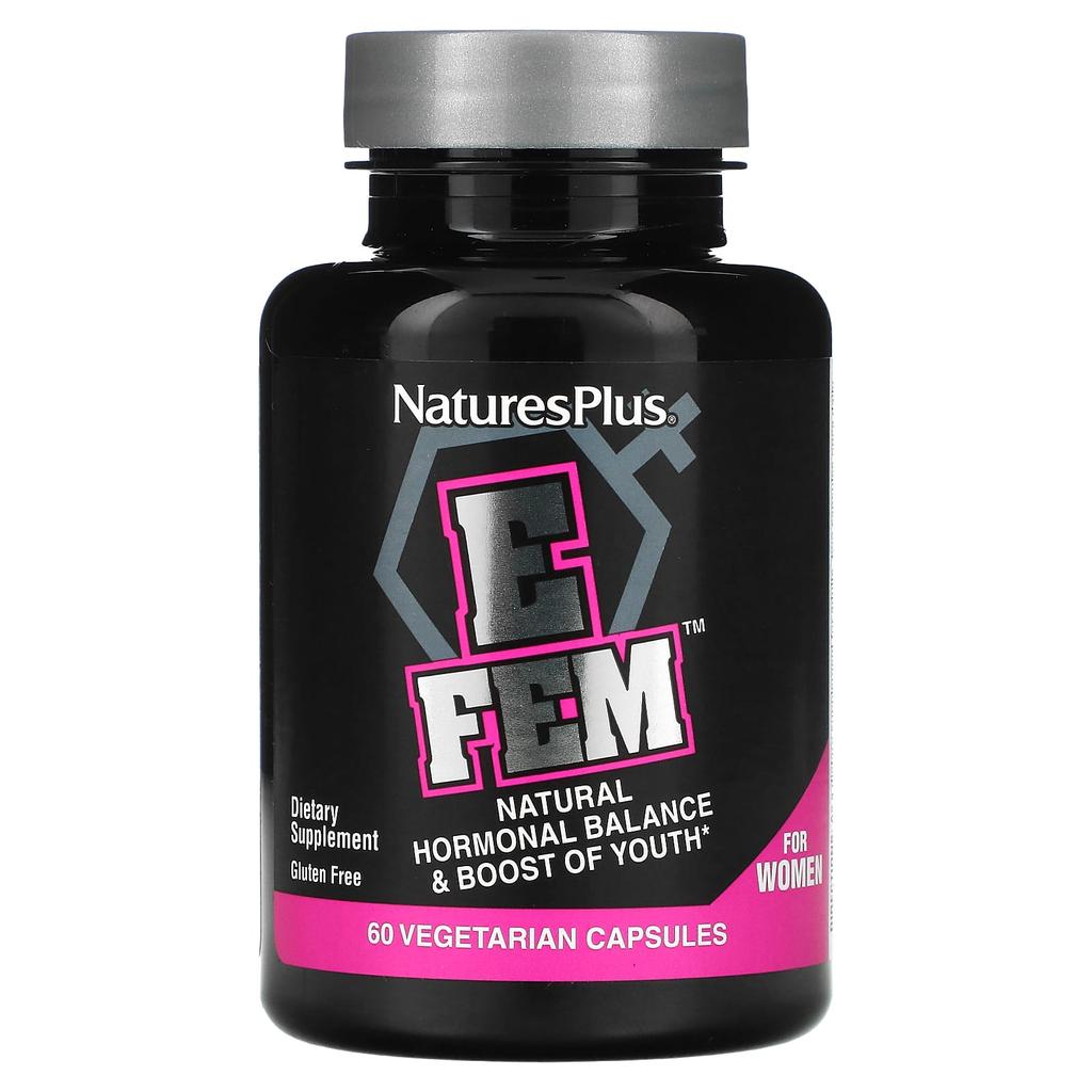 NaturesPlus, E Fem для женщин, естественный гормональный баланс и стимулирование молодости, 60 растительных капсул