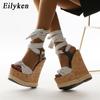 Eilyken Women's Summer Fashion New Platform Bow Lacing Design Fibre Fabric Feet Bare Lacing Wedge Sandal High Heeled Shoes