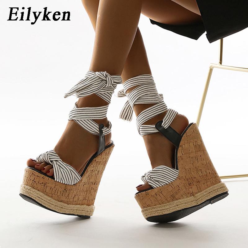 Eilyken Women's Summer Fashion New Platform Bow Lacing Design Fibre Fabric Feet Bare Lacing Wedge Sandal High Heeled Shoes