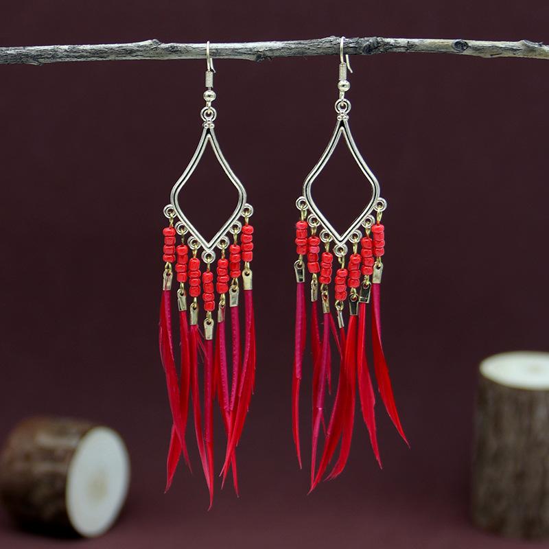 Этнический стиль длинные серьги с перьями и бахромой красные женские модные ретро-серьги в национальном стиле праздничные фотоукрашения