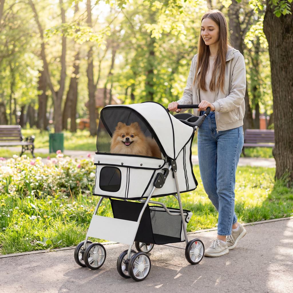 Folding Dog Stroller with Reflectors, Swivel Wheels, Brakes, and Washable Cushion, Grey