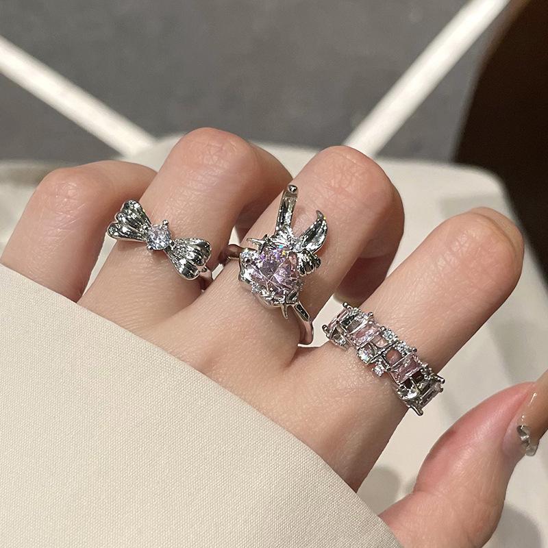 Rabbit Bow Pink Zircon Stacked Open Ring Niche Design High Sense Cold Wind Ring Woman