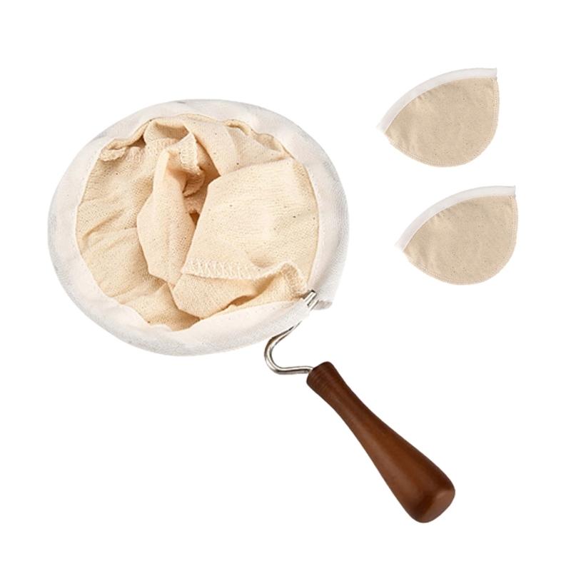 3pcs Washable Cloth Coffee Filter Pouches Coffee Sock Strainer with Wooden Handle Multi Size Brewing Accessories