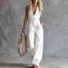 Summer Women Jumpsuit V Neck Sleeveless Front Button Casual Loose Wide Leg Pants Ladies Long Romper Overall with Dual