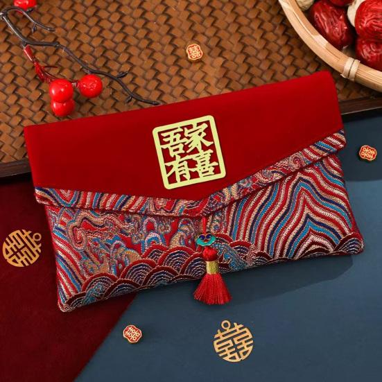 Свадебный красный конверт большой вместимости с вышивкой-благословением и кисточкой, красный конверт для денег в китайском стиле, красный конверт для денег на свадьбу
