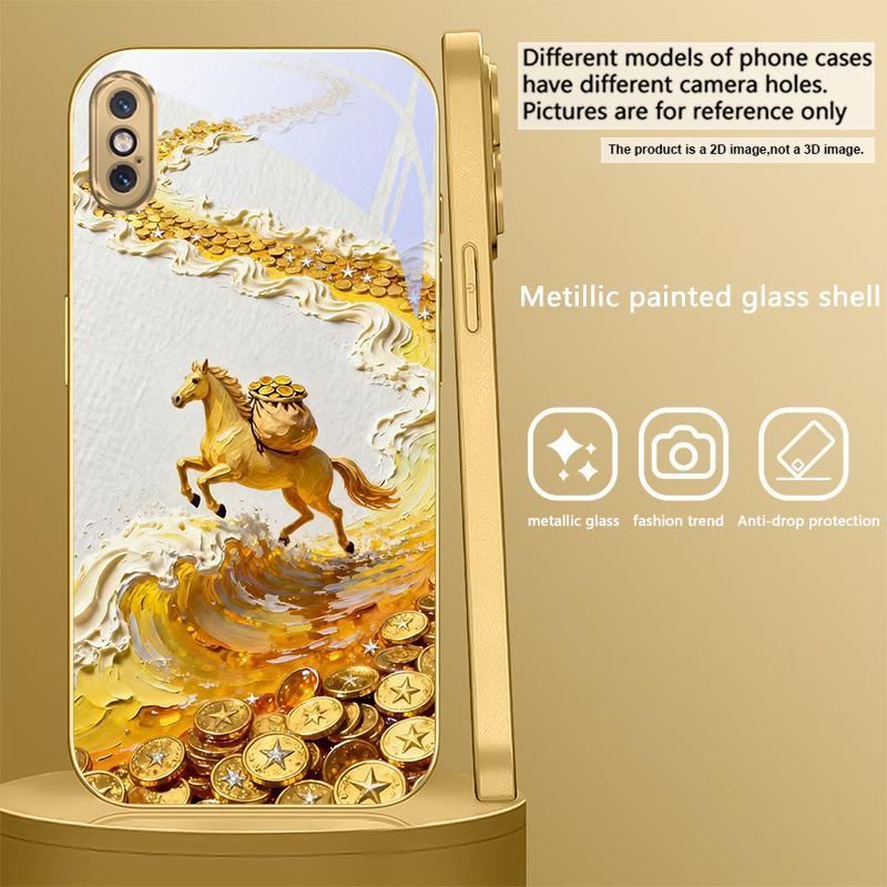 Золотая скачущая лошадь Для IPhone 17Pro Max 16 17 Pro 15 Pro 14 13 Plus 12 Mini 11Pro Max XR 16E 17 Air Золотой стеклянный чехол для телефона