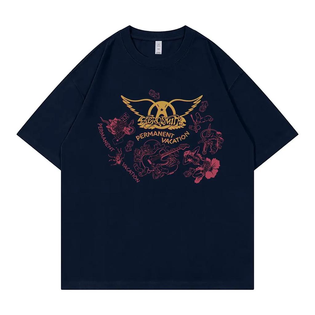 Винтажная американская футболка группы Aerosmith, уличная повседневная, VTG, с открытыми плечами, свободная, с круглым вырезом, рок, с коротким рукавом