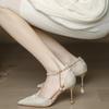 Size35-40Pearls Strap High Heels Lace Women White Wedding Shoes Stiletto Heel Point Toe Bride Bridesmaid