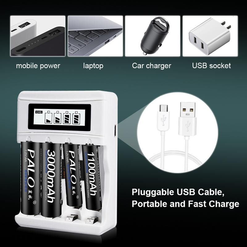 PALO AA and AAA Rechargeable Batteries 3000mAh NI-MH AA Battery LR6 1100mAh AAA LR3+LCD USB USB Charger for 1.2V AA AAA Battery
