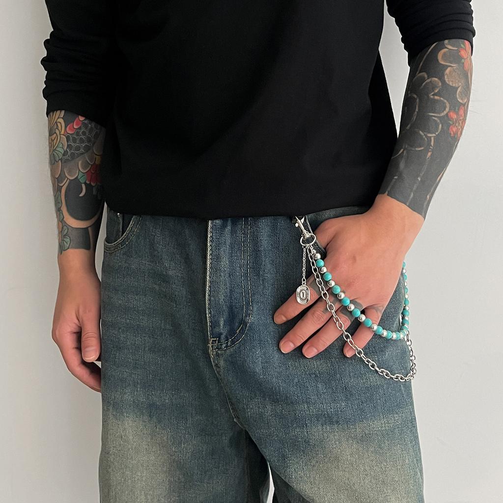 Ingemark Y2K Trendy Blue Stone Bead Jeans Pants Chain For Men Women Hip Hop Punk Double Layer Keychains Bag Accesories Jewelry