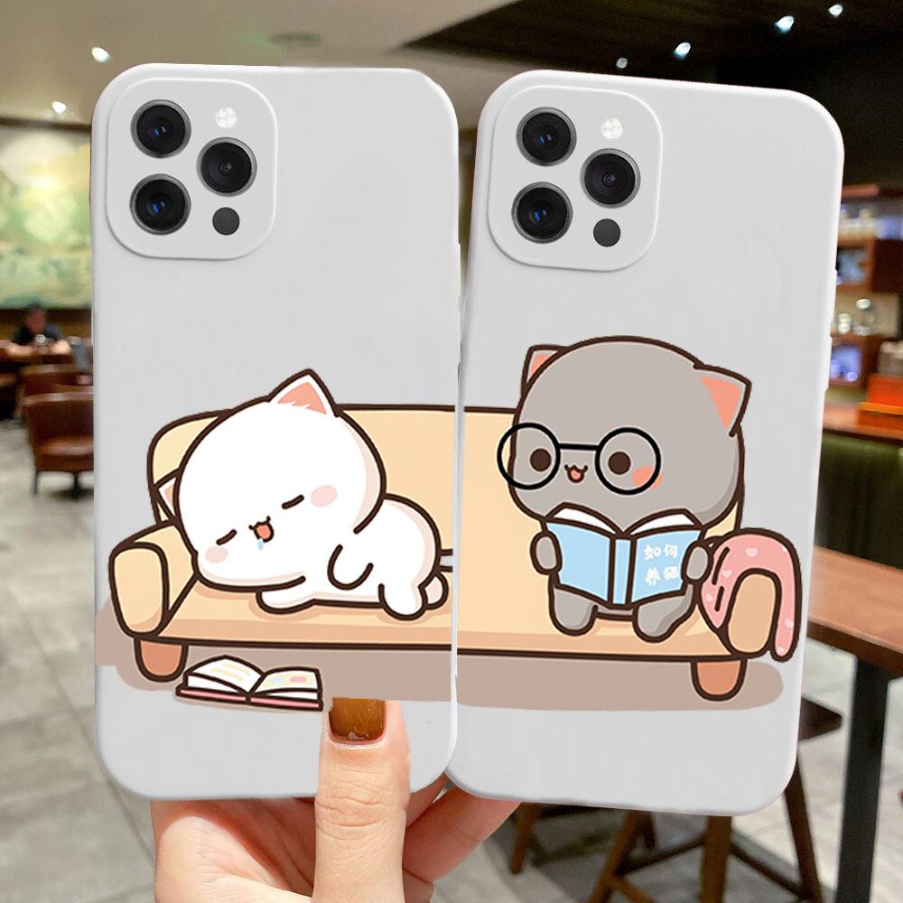 Мультяшная пара животных Коты Чехол для телефона на двоих для IPhone 15 14 13 12 11 Pro Max Mini XS X XR SE2 7 8Plus Чехол для влюбленных Матовый Fundas