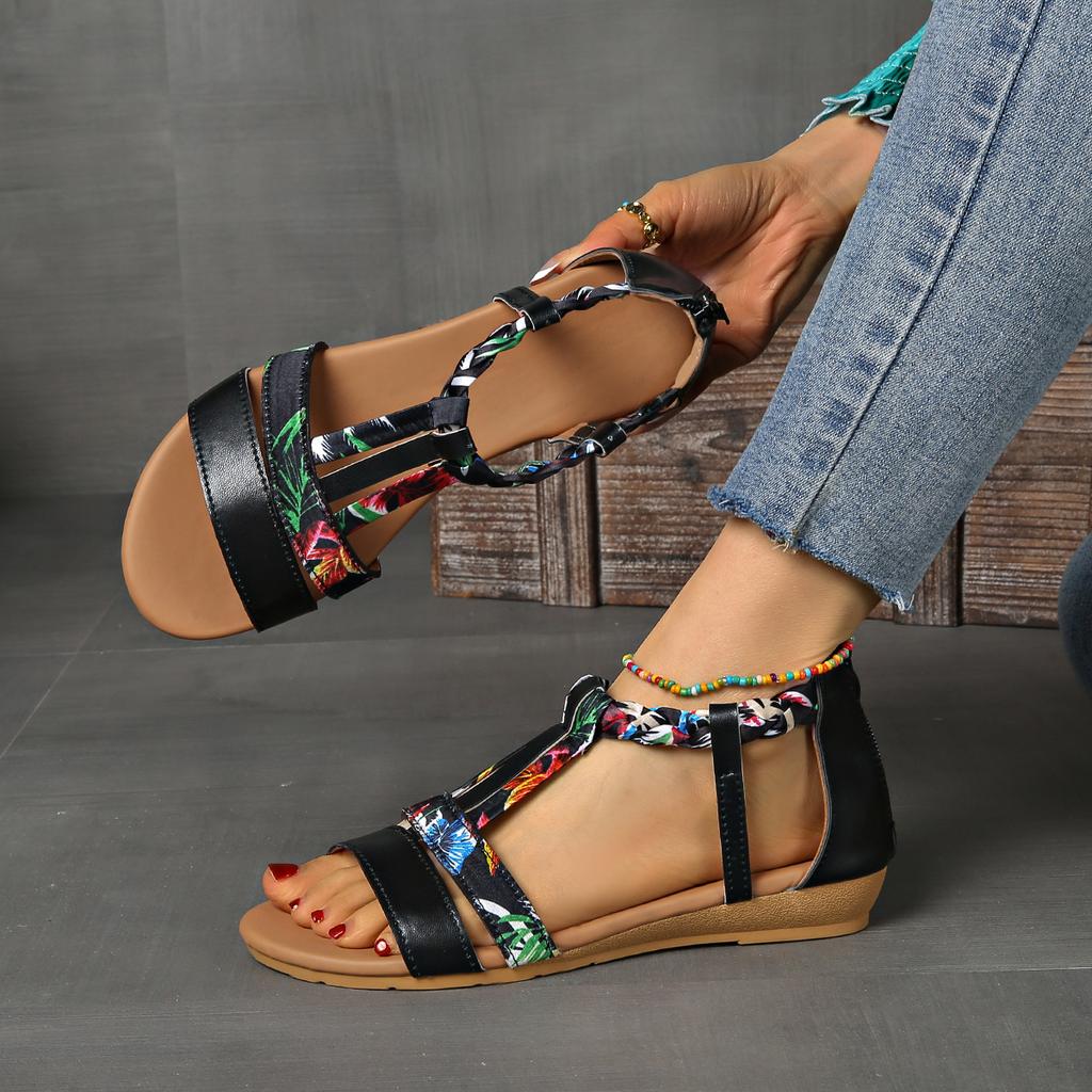 Fashion 2025 European and American Large-sized Thick-soled Sandal for Women, One-line Color Bohemian-style Woven Wedge Heel Beach Shoes