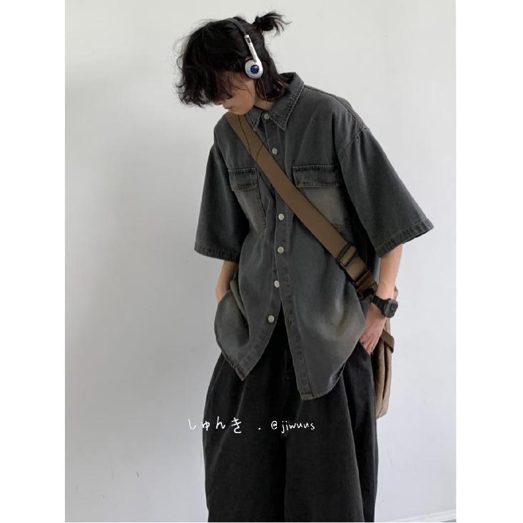 Рубашка с коротким рукавом в стиле ретро из джинсовой ткани, летняя модная мужская и женская марка, японский ретро-тренд с коротким рукавом, классная и свободная рубашка