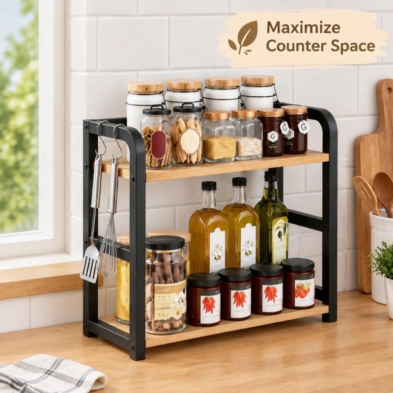 2 Tier Metal Wood Countertop Shelf Space Saving Kitchen Rack Organizer with Side Hooks for Coffee Mugs Spice Jars Condiments