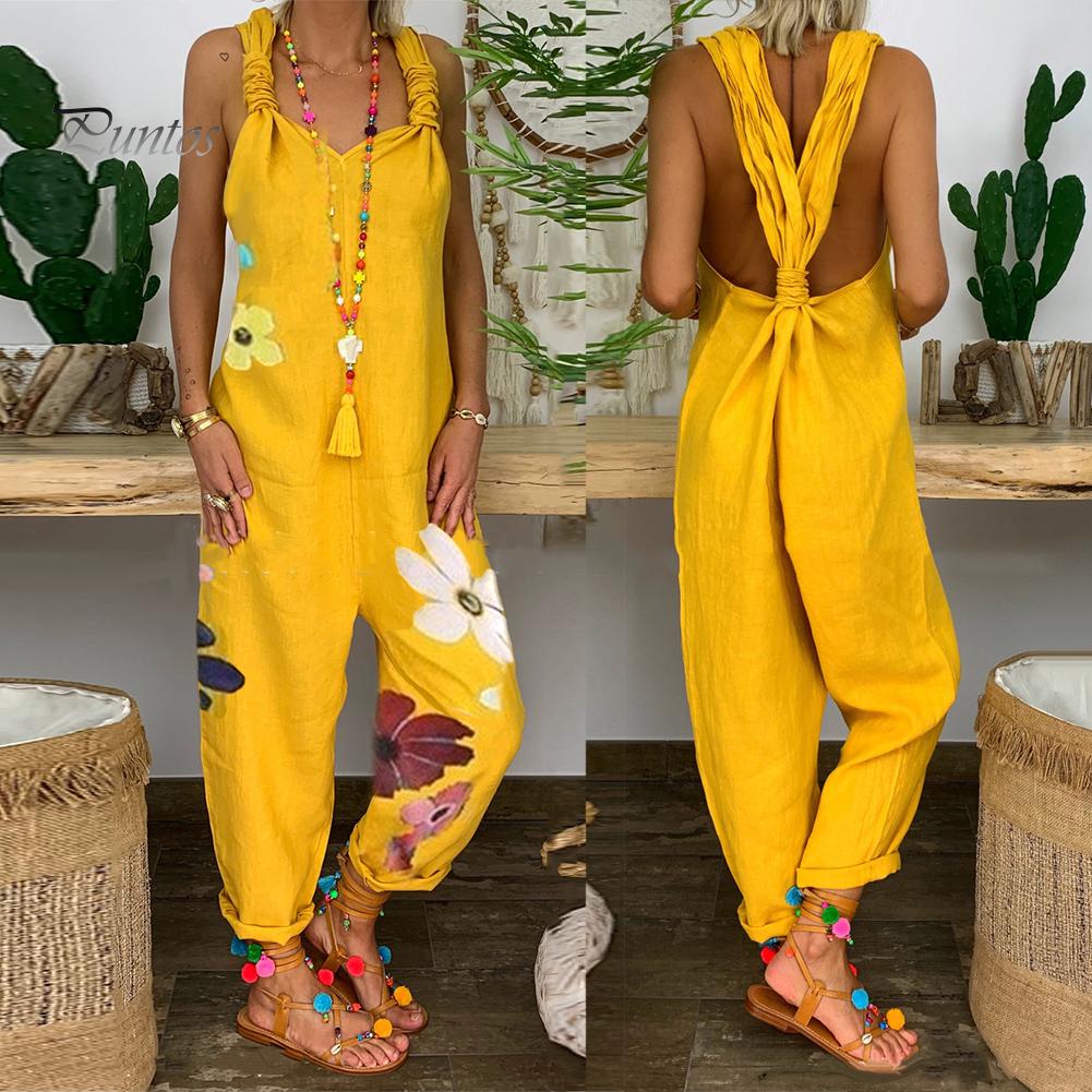 Женский комбинезон без рукавов с нагрудником без спинки и цветочным принтом