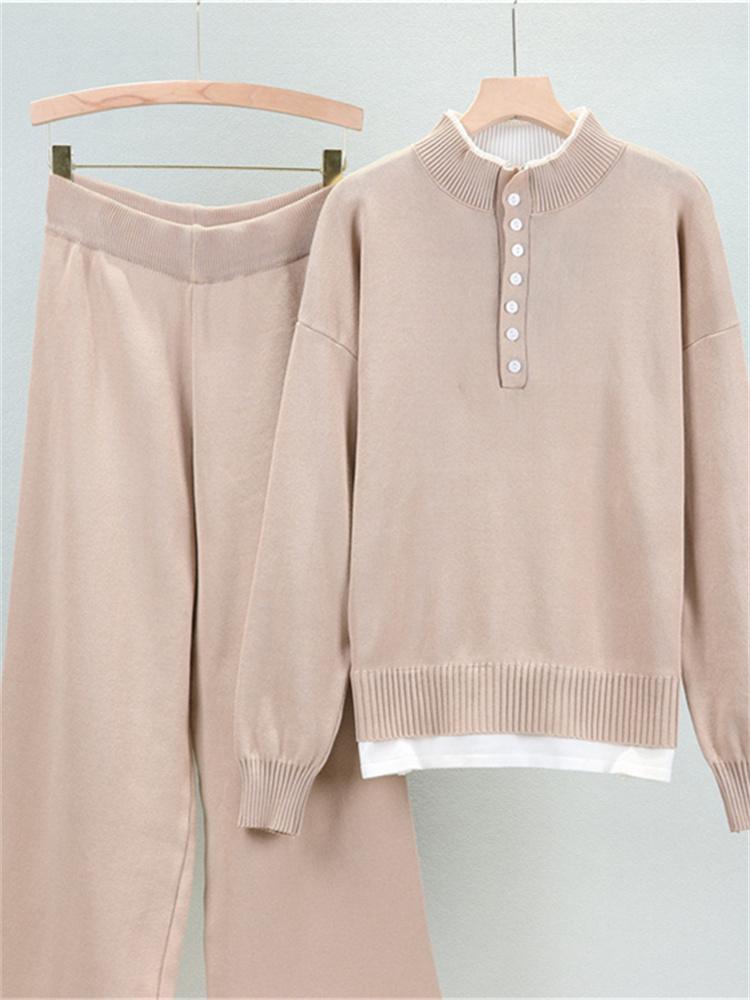 Женский осенний свободный комплект свитера в стиле маленького аромата из двух частей с имитацией двухслойности и вязаными брюками широкого кроя