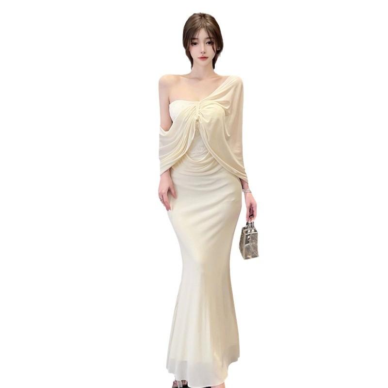 Французский топ-труба плиссированная сетка обтягивающее платье-рыбий хвост женское