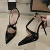Liyke Classic Black Patent Leather Women High Heels Pumps Sexy Pointed Toe Party Stripper Shoes Fashion Buckle Strap Stiletto