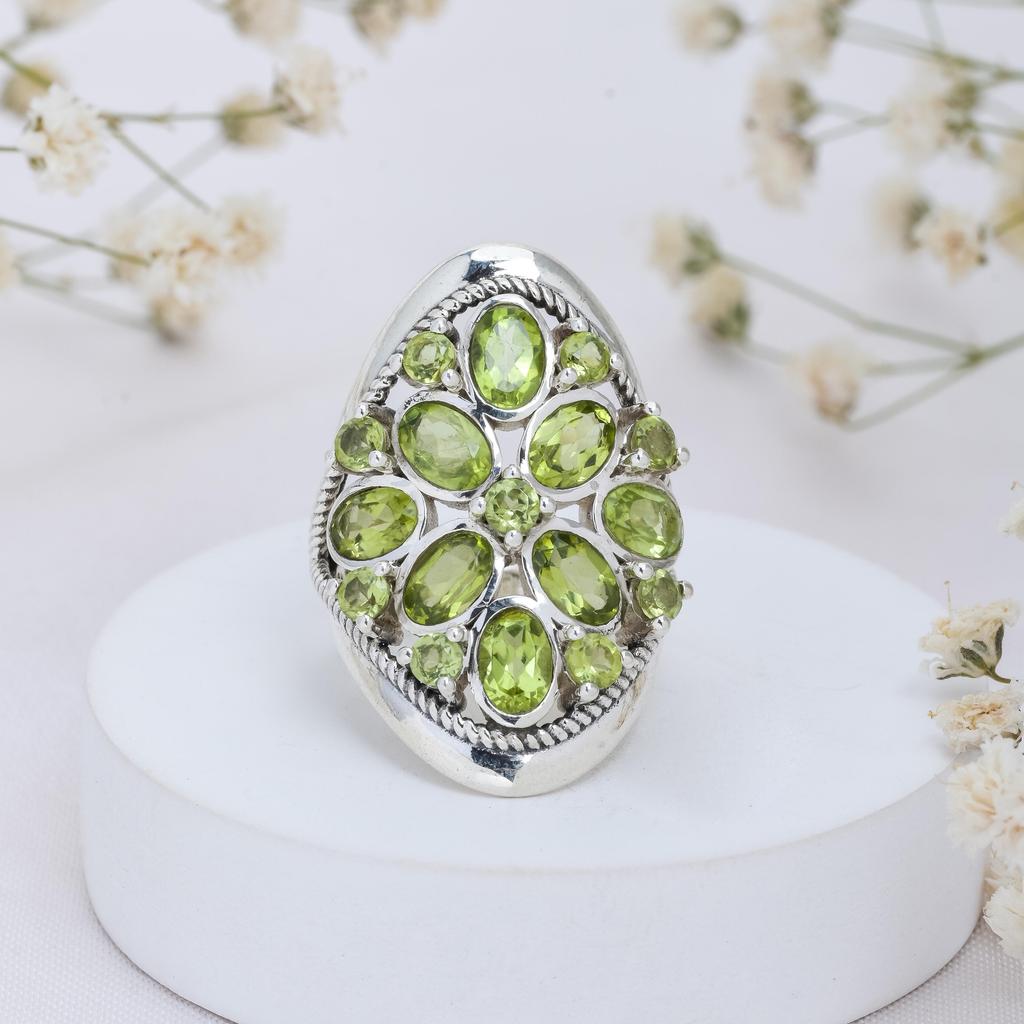 Sterling Silver Multi Stone Peridot Ring - Cluster Green Gemstone Statement Ring with Rope Border - August Birthstone Jewelry for Women