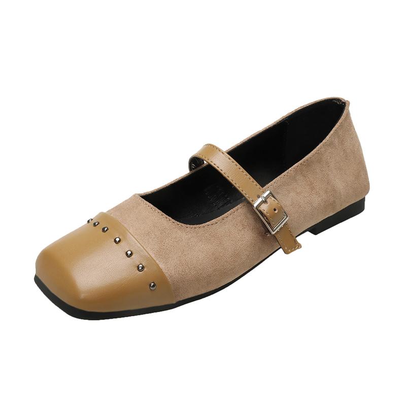 Fashion Women's Fashion Flat Shoes Square Head Shallow Mouth Splicing Suede Rivet Soft Sole Anti-slip Wear-resistant Single Shoes