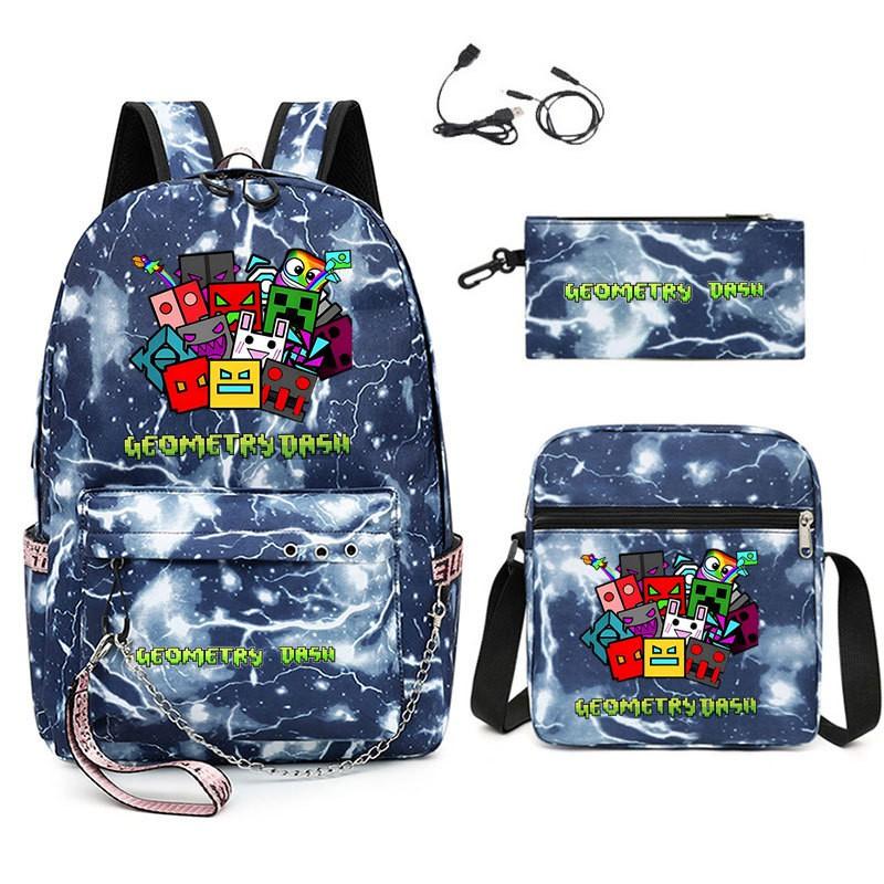Geometry Dash Inspired School Backpack Set Teens Canvas Bookbag Pencil Case Shoulder Bag Unisex Lightweight Water-Resistant