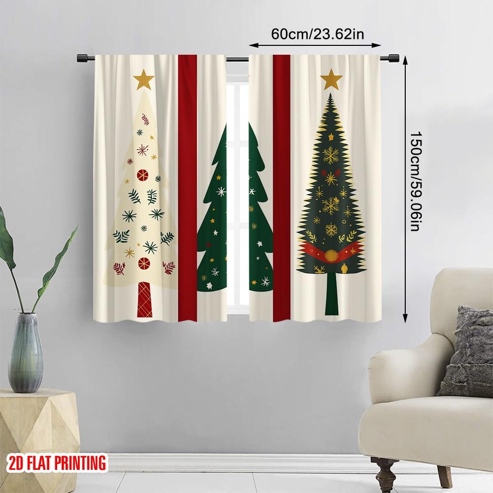 2pcs,2D Plane Printing Print Curtains Christmas Trees Festive Collection (3) Durable 100% Polyester Fabric (without Rod)