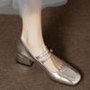 Internet Celebrity French Retro Silver Single Shoes Women's Thick Heel Spring and Autumn Square Head Light Mouth with Buckle Mary Jane Shoes