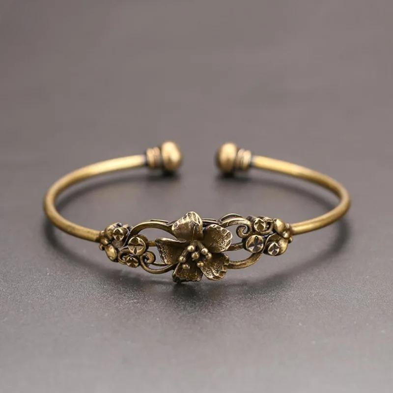 Ретро Бронзовый Цветочный Узор Браслет Принцессы Классический Чистая Медь Ажурный Античный Браслет Женское Украшение Подарок на День Благодарения
