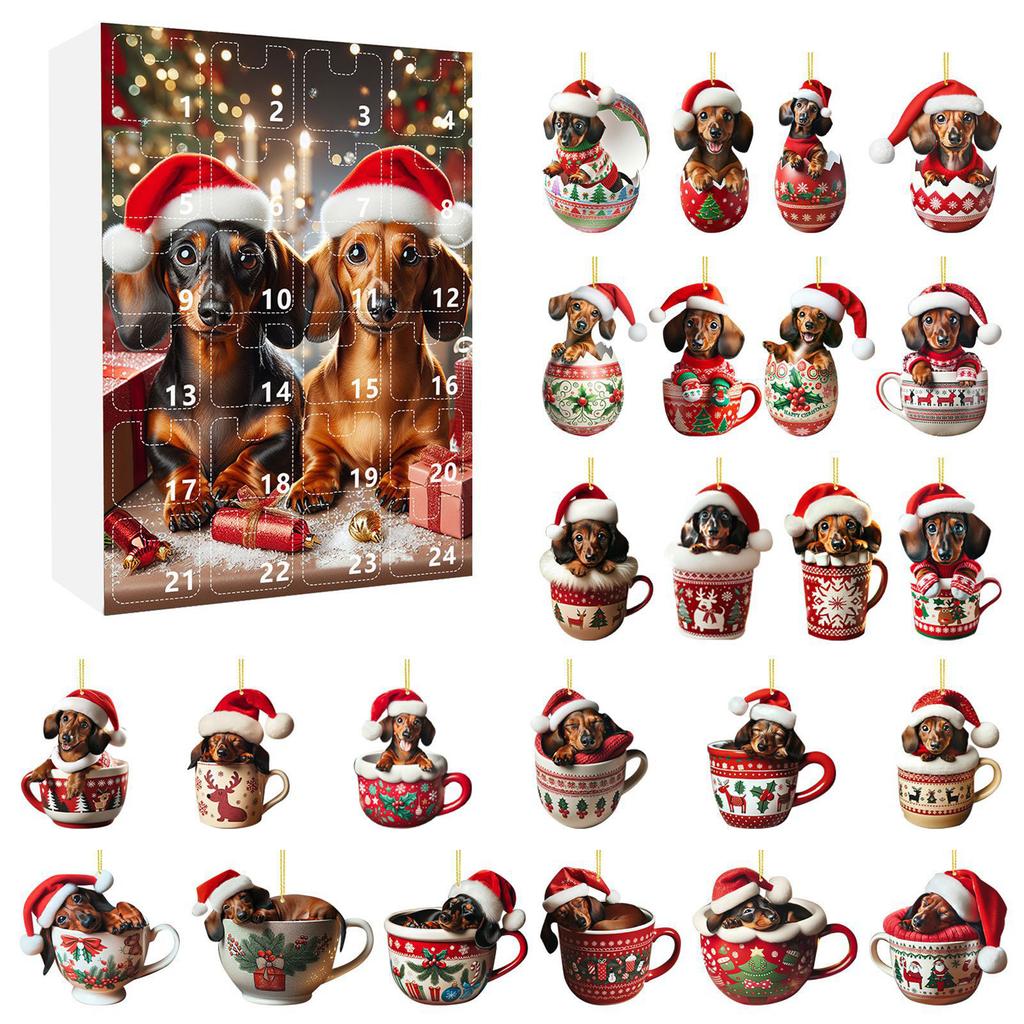 24 Days Dachshunds Christmas Holiday Advent Calendar 2D Acrylic Dachshunds Ornament Countdown Calendar Xmas Tree Hanging Pendant