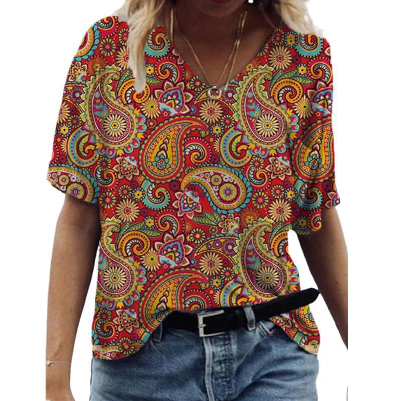 Summer V-neck 3D Abstract Printed Top Fashionable Casual Short Sleeved Women's T-shirts