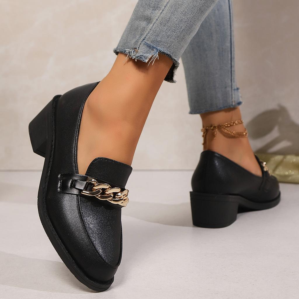 Autumn Women's Heeled Shoes Metal Chain Shallow Pointed Toe Loafers for Women Shoes Outdoor Dress Pumps Women's Mary Janes Shoes