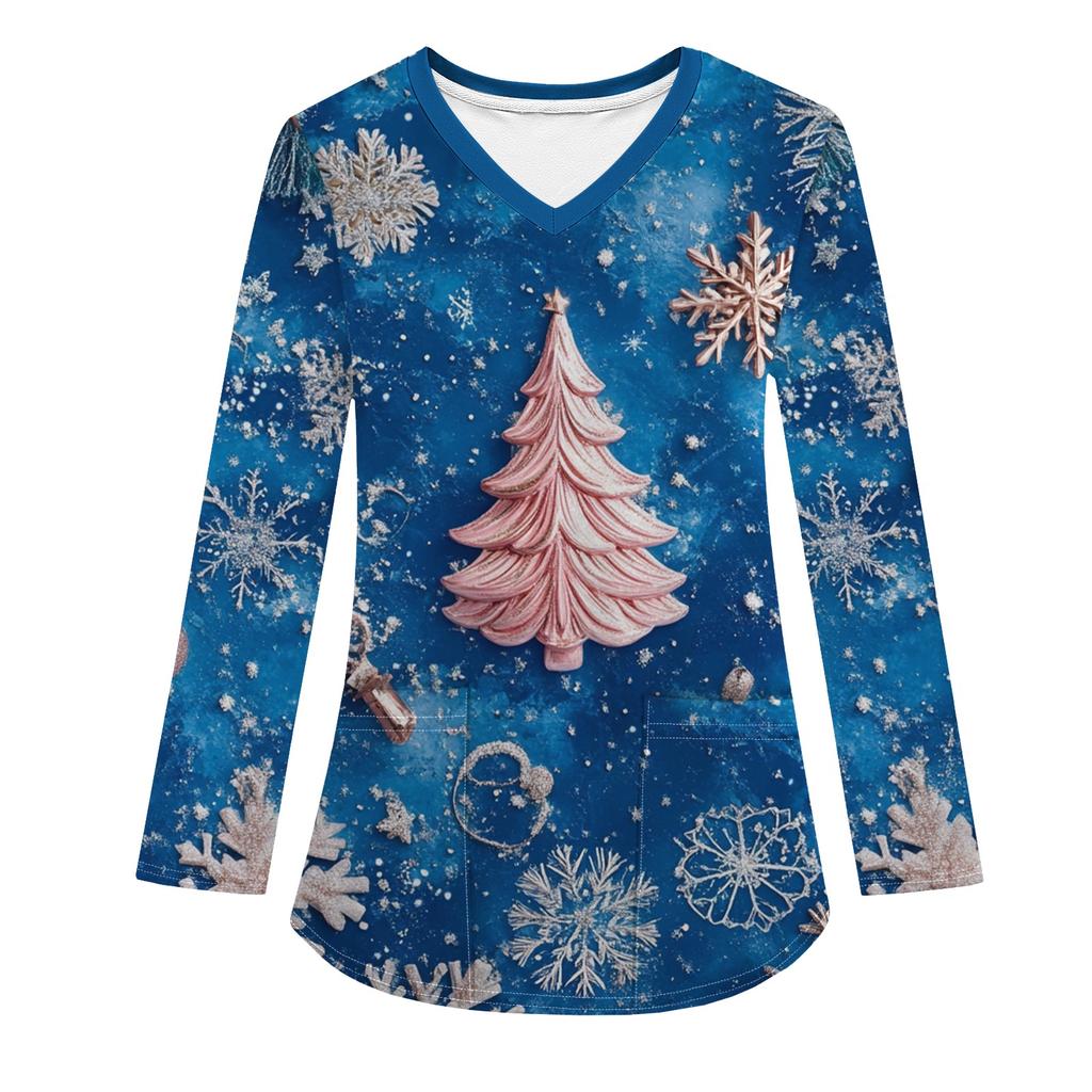 Женская модная рабочая одежда с V-образным вырезом, длинным рукавом и карманом, рождественский принт, футболка, топ