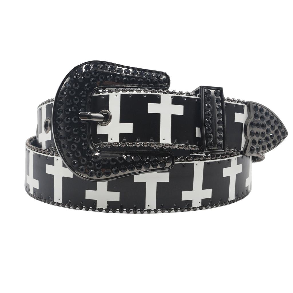 American Yabi Original Design Y2K Cross Pattern Rhinestone Printing Belt Y2K Trend Pu Leather Belt