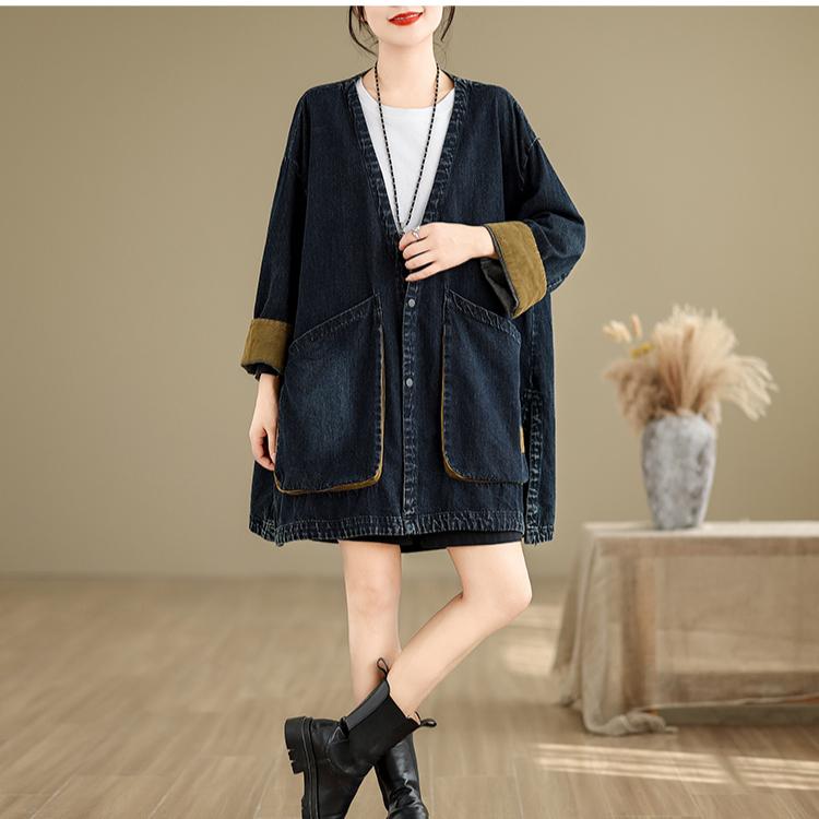 Stylish V-neck Vintage Large Pocket Loose Fit Jacket for Women