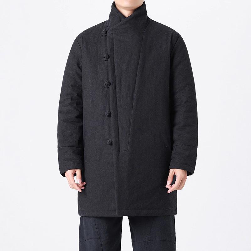 Мужская плотная хлопково-льняная куртка в китайском стиле с пуговицами-лягушками, воротником-стойкой, средней длины, большого размера, костюм Тан.