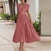 Women Summer Casual V-Neck Short Sleeve Loose Pleated Dress