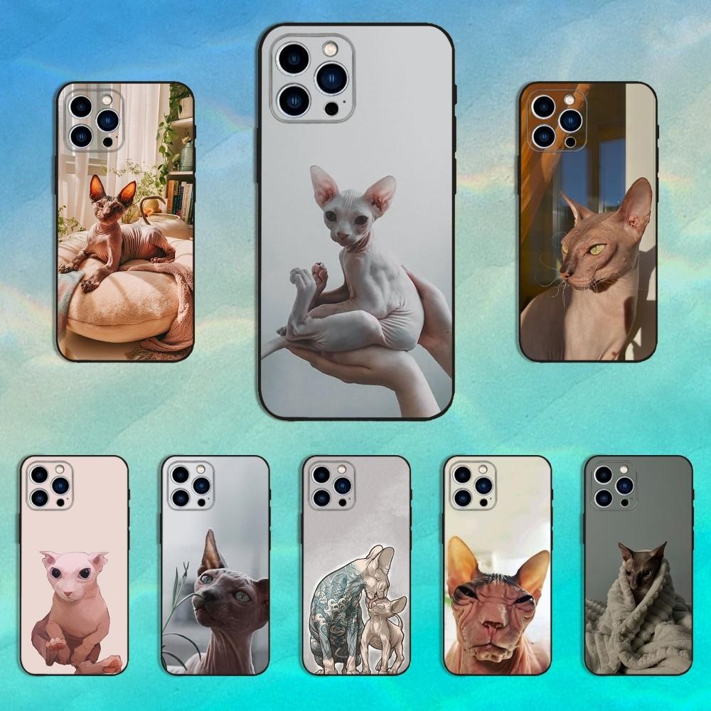 Animal Sphynx Cat Phone Case For iPhone 16,15,14,13,12,11 Plus,Pro Max,XS,X,XR,SE,Mini,8,7,Soft Silicone Black Cover