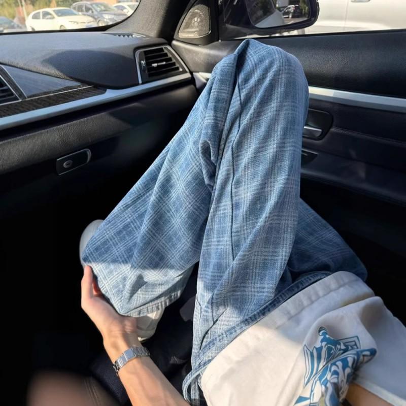 Mens Blue Plaid Straight Leg Jeans Loose Breathable Slim Wide Pants Teenagers