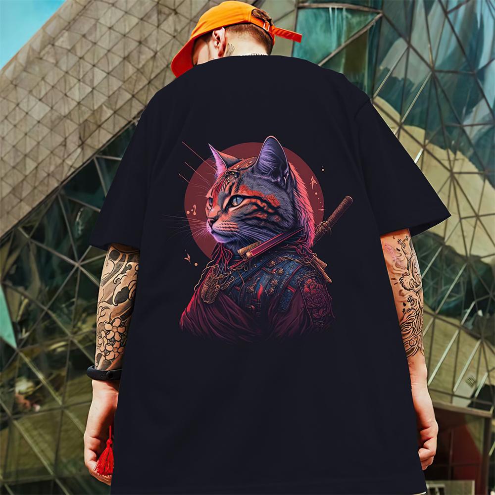 Новая мужская футболка с 3d самурайским котом, футболка с короткими рукавами, лето 2024, быстросохнущие повседневные футболки, топы, повседневная футболка большого размера для мужчин
