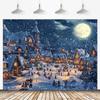 2D Winter Snow Village Full Moon Backdrop Christmas Holiday Photo Background Cloth