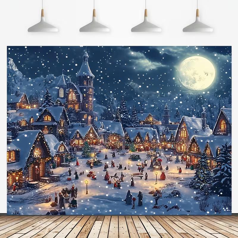 2D Winter Snow Village Full Moon Backdrop Christmas Holiday Photo Background Cloth