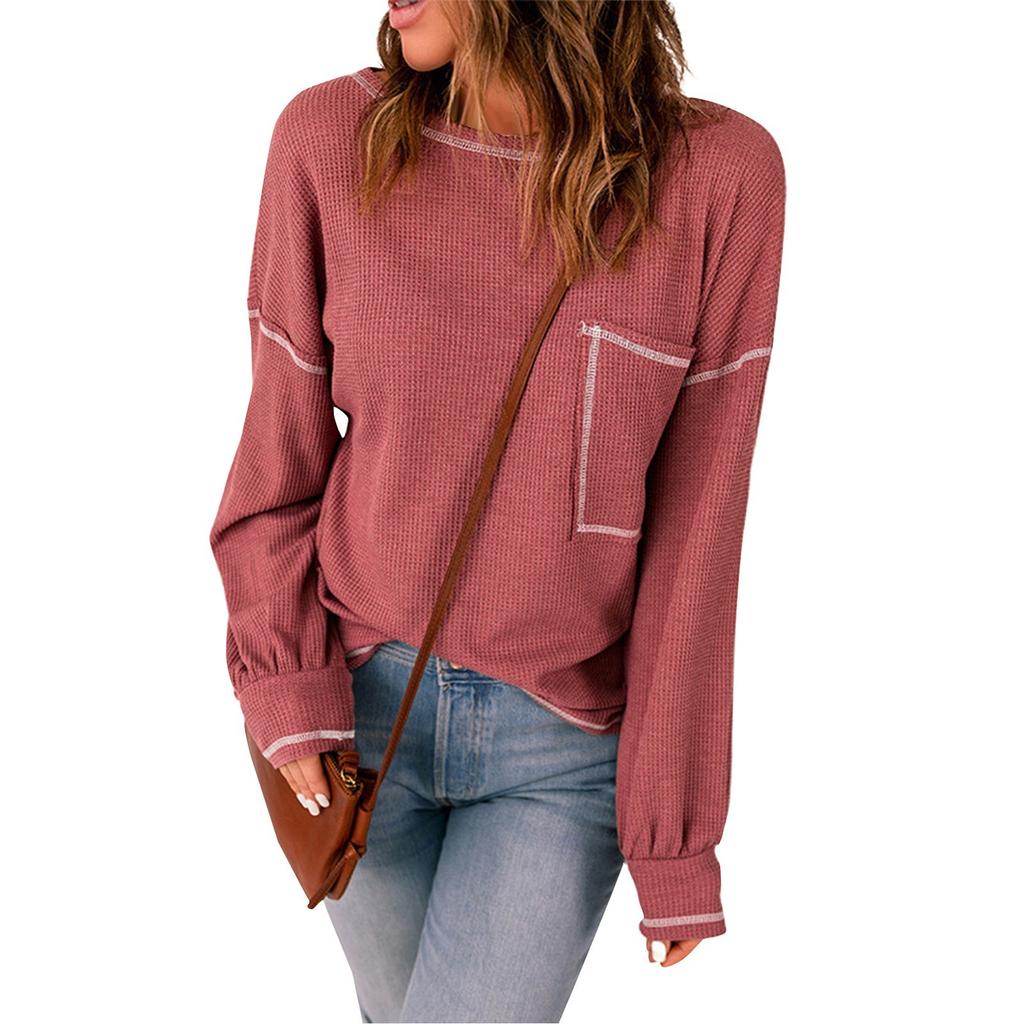 Женский однотонный осенний вязаный топ с длинными рукавами и карманами и круглым вырезом