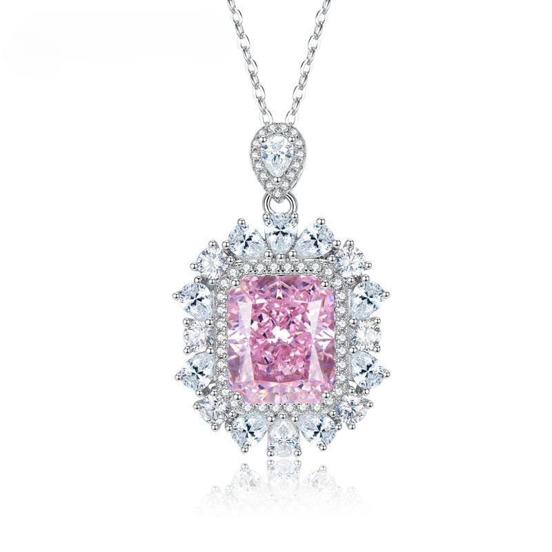 S925 100% Sterling Silver Necklace Radiant High Carbon Diamond 10*12mm Pendant Pink Gemstone Wedding Engagement Jewelry