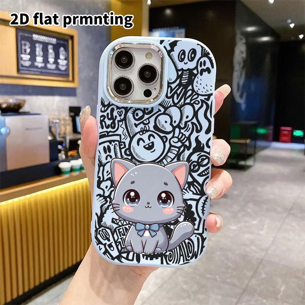 Чехол для телефона: 2D плоский дизайн, подходящий для защитного чехла iPhone 18 17 16 15 14 13 Pro, стиль для пары, синий бант серый кот, подарки на Рождество и Хэллоуин