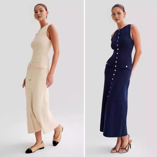 Летнее женское платье трикотажное платье-футляр Slim Fit сплошной цвет с круглым вырезом эластичное однобортное платье без рукавов на пуговицах длиной до середины икры
