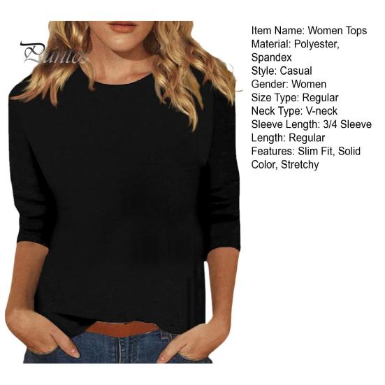 Women Casual T-shirt O-neck 3/4 Sleeve Pullover Tops Solid Color Slim Fit Tunic Tops Stretchy Tee Shirt Streetwear