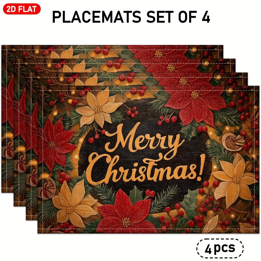 4/6pcs, 2D Flat Vintage Christmas Poinsettia Placemats, Merry Christmas with Red Berries and Green Pine Branches Linen Table Mats, Vintage Oil Paintin