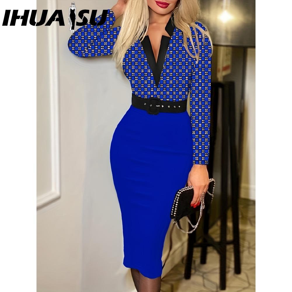 IHUASU Женская мода весенне-осенние повседневные платья с длинным рукавом и v-образным вырезом с высокой талией