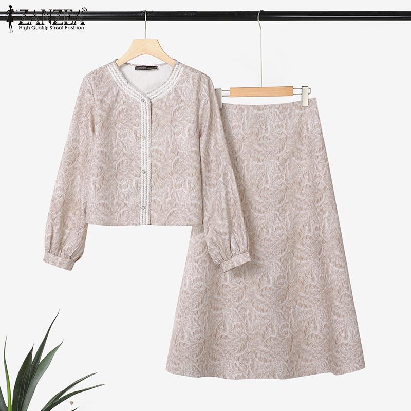 ZANZEA Women Long Sleeve Blouse and Long Skirts Print Casual Two Piece Suit Sets