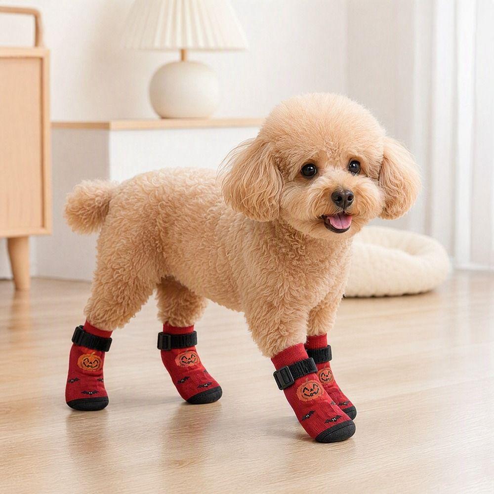 4PCS Soft Warm Halloween Pet Socks Breathable Paw Protectors Anti-Slip Dog Socks Winter Season